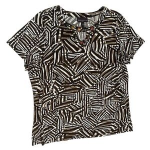 Dana Buchman Abstract Blouse Plus Women’s 2X Beaded Neckline Brown and White